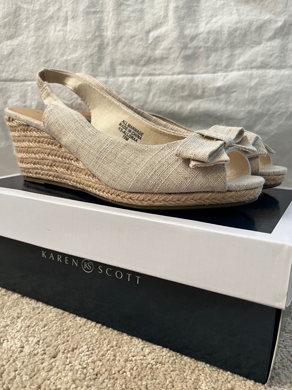 Karen Scott Alloraa Natural/Beige Open-Toe Slingback Espadrille Wedges with Bow